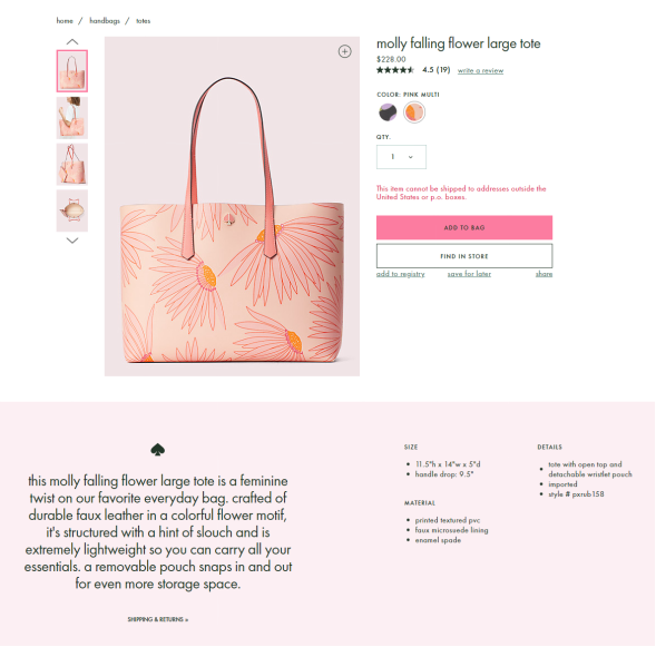 screenshot of Kate Spade’s descriptive and engaging product description for a tote bag
