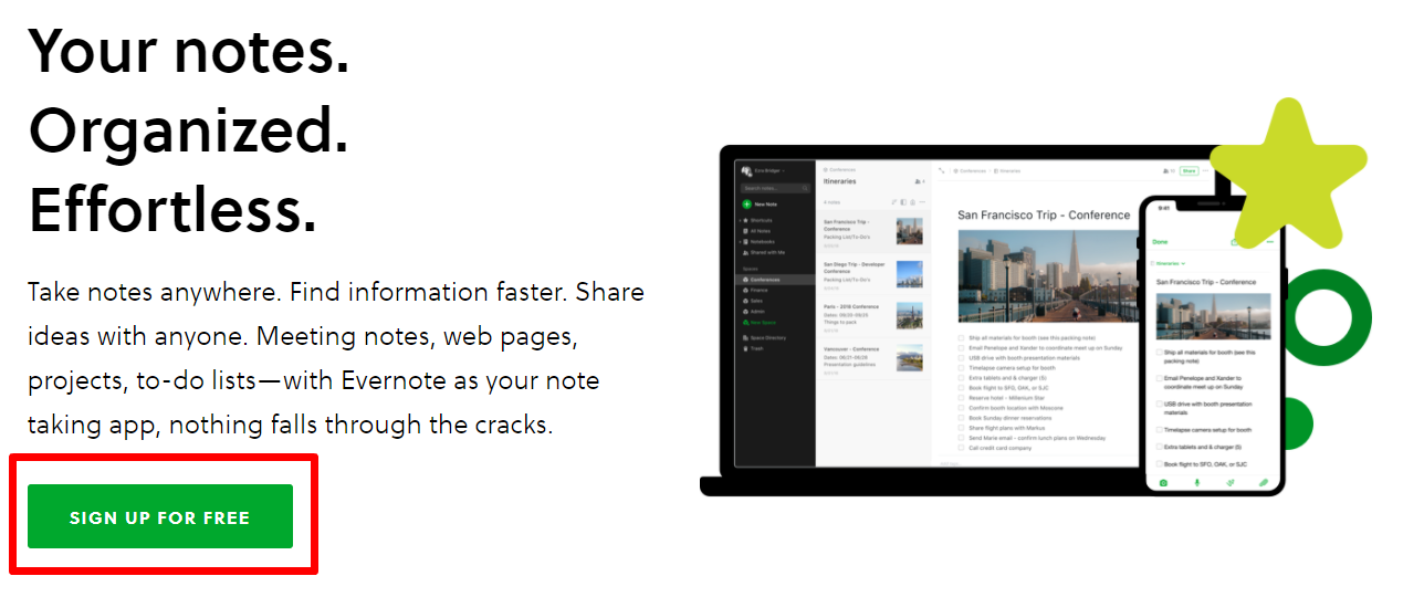 Evernote website with compelling call to actions 