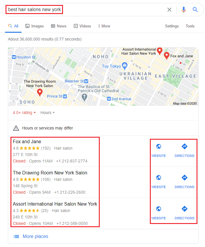 Google 3-Pack for the best hair salons in New York