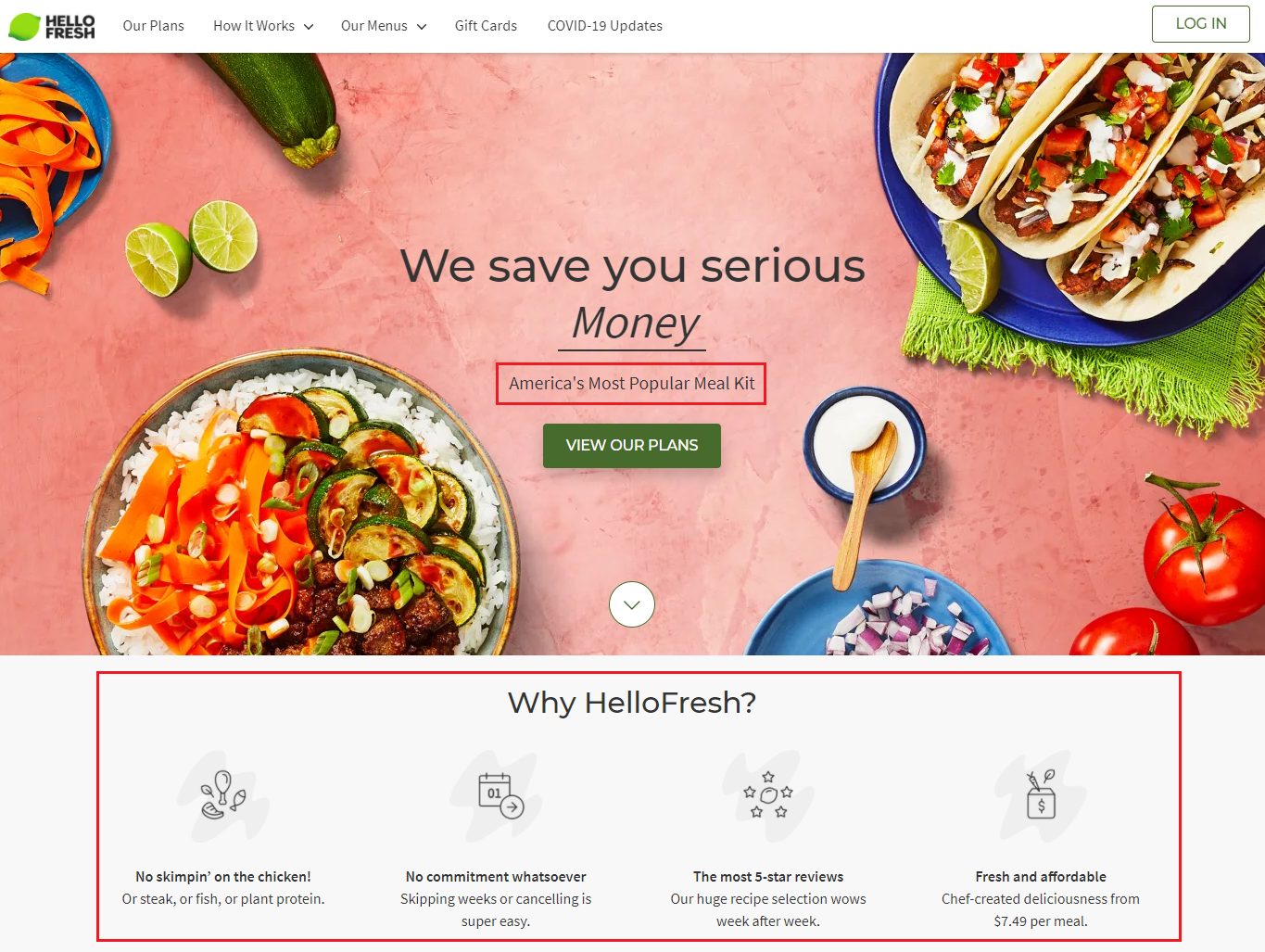 HelloFresh’s USPs and CTAs on landing page 