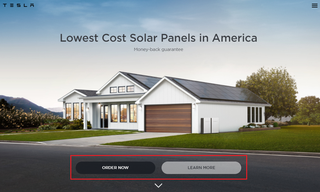 Tesla’s home page featuring CTAs