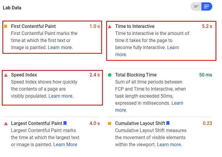  PageSpeedInsights lab data 