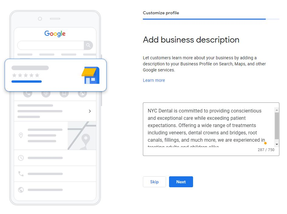 screenshot of an example of a Google business description