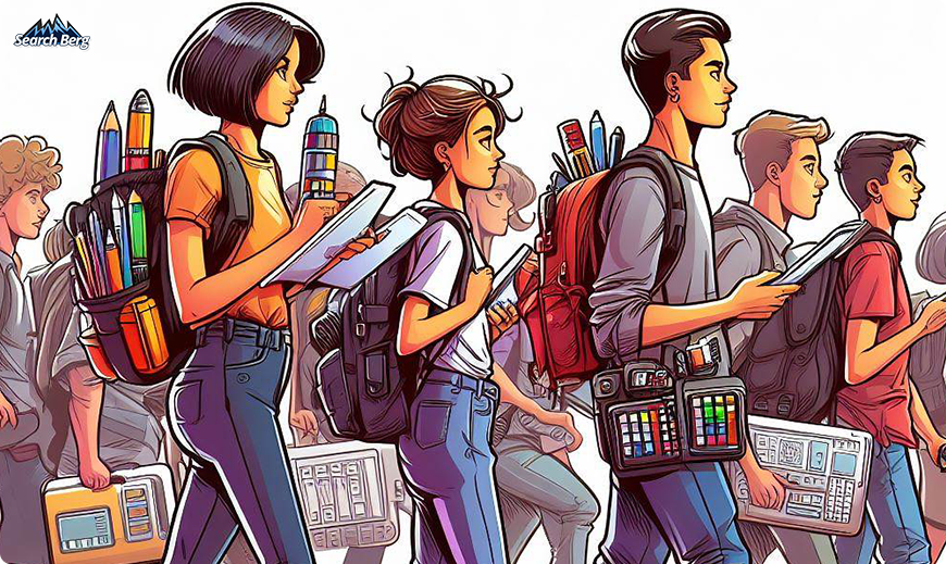 a concept illustration of SEO content writers with backpacks full of graphic tools